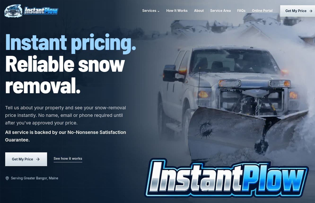 InstantPlow homepage with snowplow, instant pricing message, and custom identity